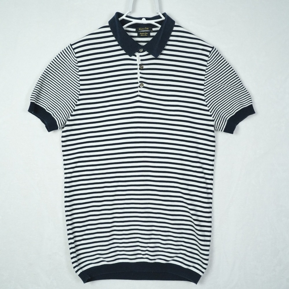 Massimo Dutti Mens Extrafine Cotton Striped Knit Polo Shirt Navy White Medium